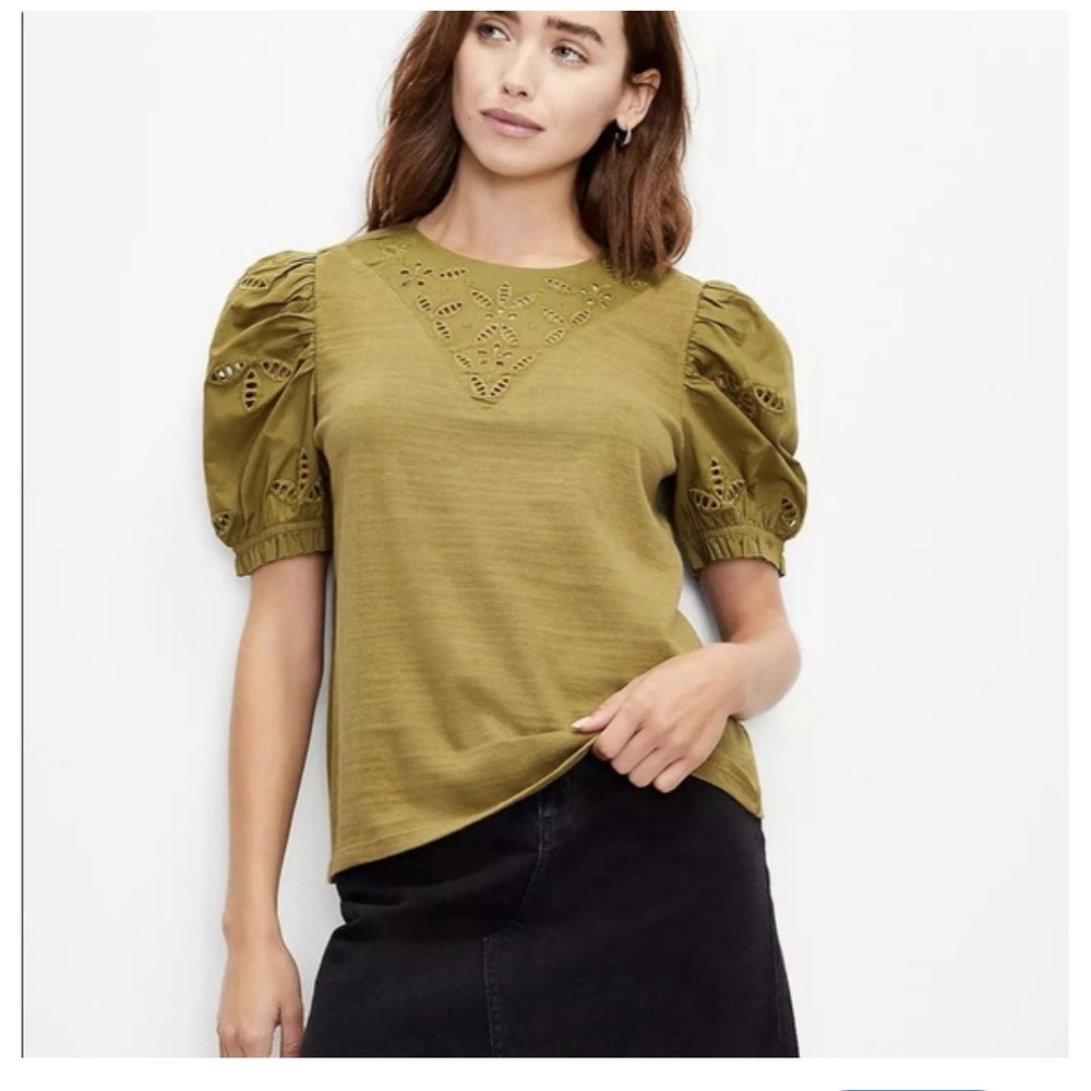 Loft Womens XL Olive Green Puff Short Sleeve Sweatshirt Crew Neck Cotton Blend